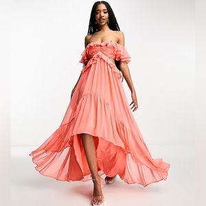 ASOS Off Shoulder Flutter detail dress in Coral